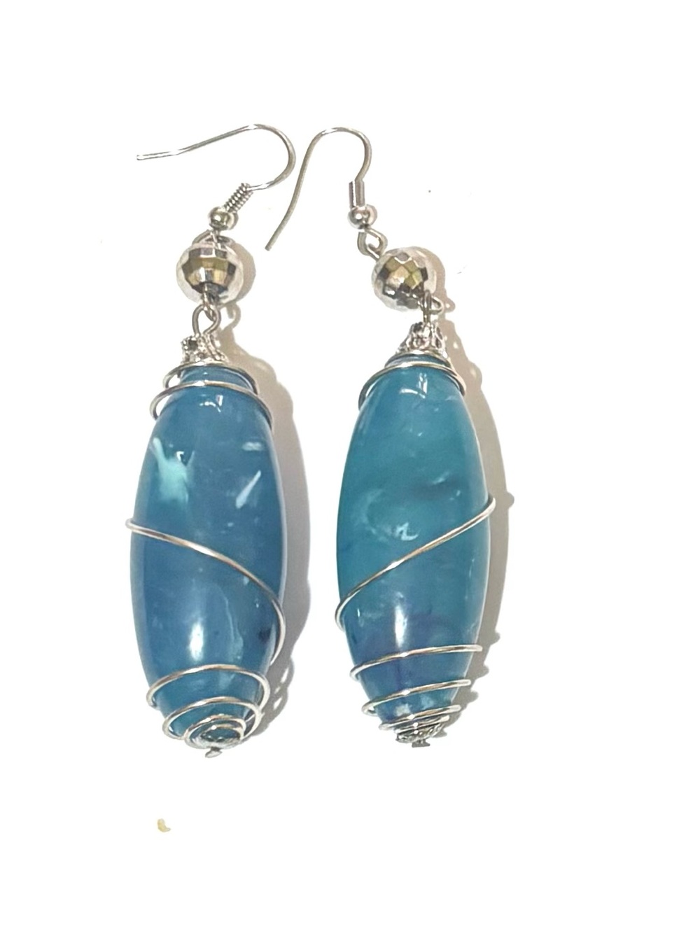 Blue Wire-Wrapped Drop Earrings